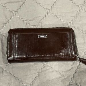 Coach Dark Brown Leather Zip Wallet ~ inside damage see notes
